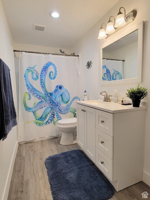 bathroom with wood finished floors, vanity, toilet, baseboards, and a textured ceiling
