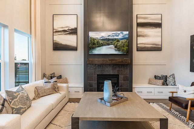 living room featuring wood finished floors and a fireplace