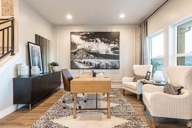 office space featuring wood finished floors, baseboards, and recessed lighting