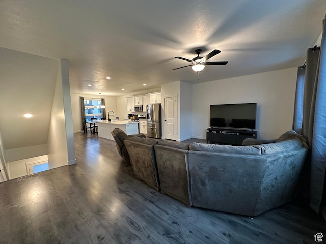 568 S 900 W, American Fork, UT 84003 - living room with a ceiling fan, dark wood finished floors, baseboards, and recessed lighting