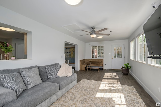 547 N 650 E, Orem, UT 84097 - living room featuring a ceiling fan, wood finished floors, and baseboards