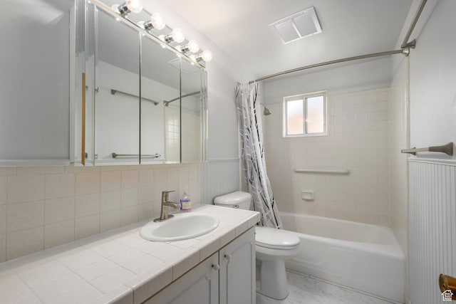 547 N 650 E, Orem, UT 84097 - bathroom featuring toilet, shower / bath combo with shower curtain, decorative backsplash, and vanity