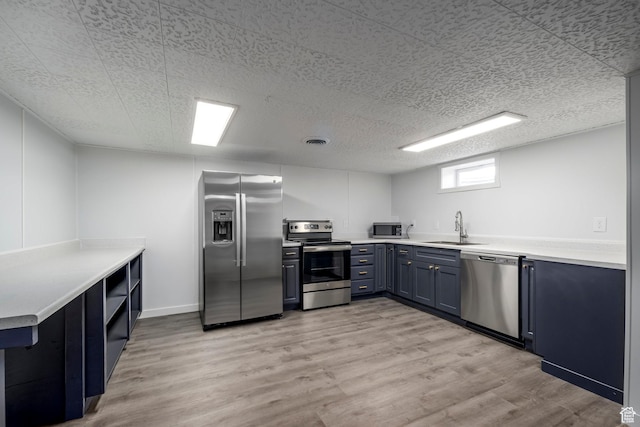 547 N 650 E, Orem, UT 84097 - kitchen with appliances with stainless steel finishes, a sink, blue cabinets, light wood-style flooring, and light countertops