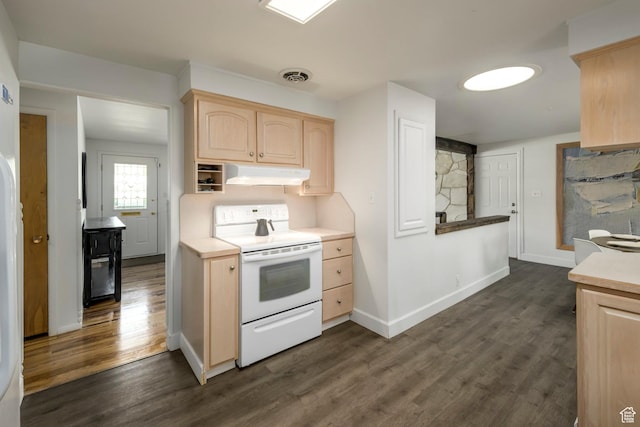 547 N 650 E, Orem, UT 84097 - kitchen featuring white electric range oven, light brown cabinets, under cabinet range hood, and dark wood finished floors