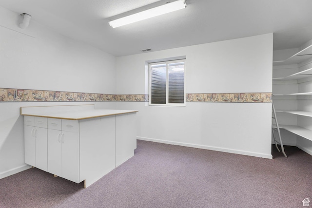 interior space with dark colored carpet, white cabinets, and light countertops