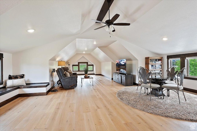 3749 N Eagle Ridge Dr E, Eden, UT 84310 - dining area with vaulted ceiling, light wood finished floors, baseboards, recessed lighting, and a ceiling fan