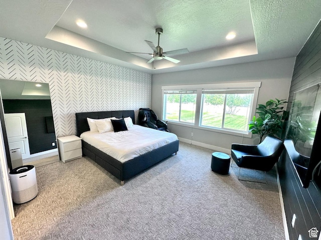 3146 W 1280 N, Provo, UT 84601 - carpeted bedroom with an accent wall, wallpapered walls, baseboards, a raised ceiling, and a textured ceiling