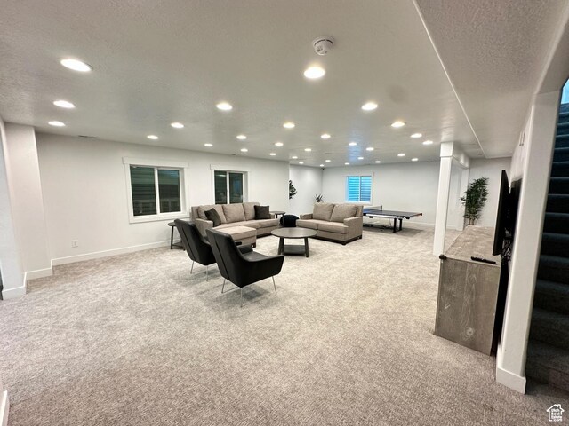 3146 W 1280 N, Provo, UT 84601 - living area featuring light colored carpet, recessed lighting, baseboards, and stairway