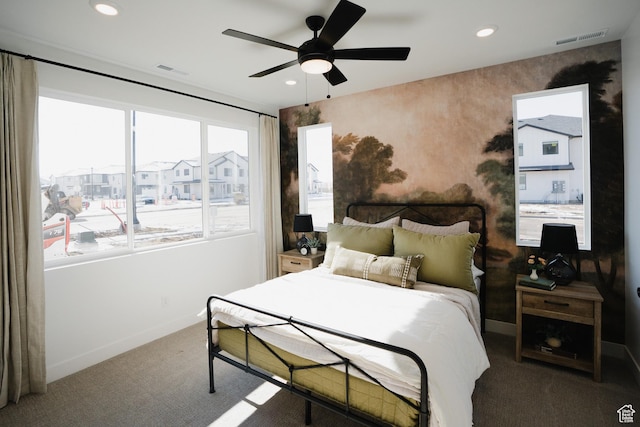 carpeted bedroom with baseboards, recessed lighting, and ceiling fan