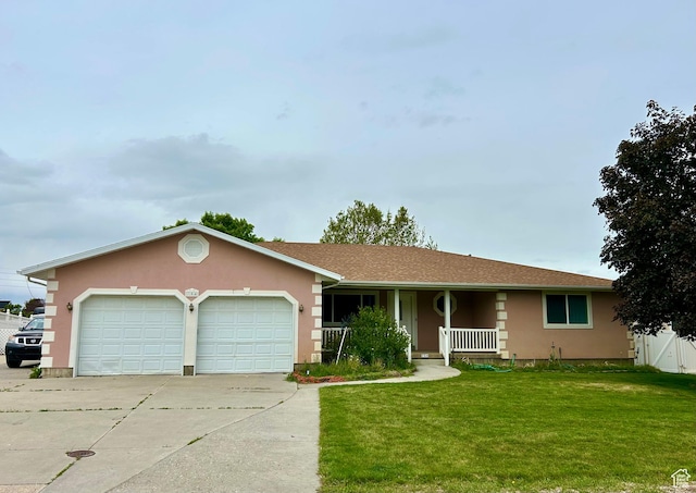 single story home featuring an attached garage, covered porch, concrete driveway, and stucco siding