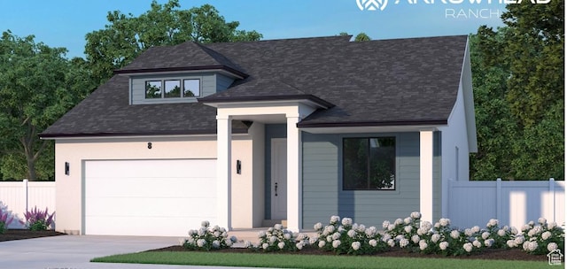 view of front of property with fence, concrete driveway, a garage, and a shingled roof