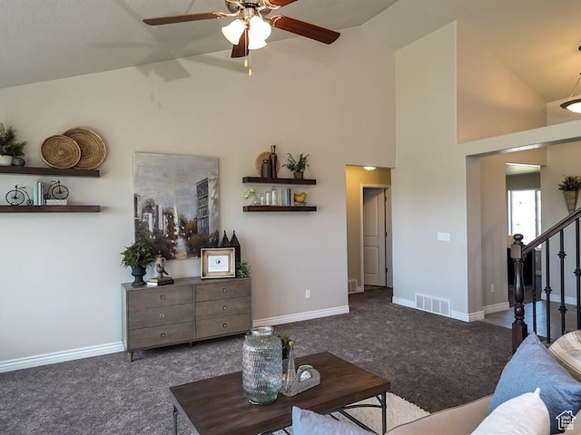3286 S 2275 W, West Haven, UT 84401 - living area with carpet floors, a ceiling fan, baseboards, high vaulted ceiling, and stairway