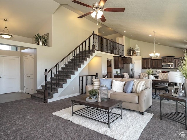 3286 S 2275 W, West Haven, UT 84401 - living room featuring high vaulted ceiling, carpet floors, stairs, ceiling fan, and a chandelier