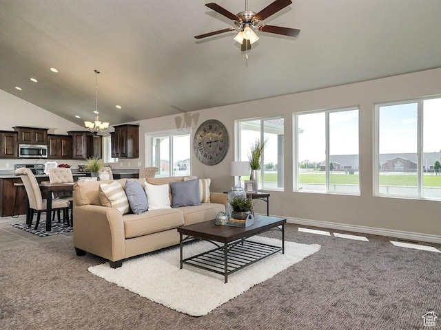 3286 S 2275 W, West Haven, UT 84401 - carpeted living area featuring a chandelier, a ceiling fan, recessed lighting, high vaulted ceiling, and baseboards