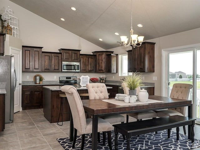 3286 S 2275 W, West Haven, UT 84401 - dining space featuring a chandelier, recessed lighting, light tile patterned floors, plenty of natural light, and vaulted ceiling