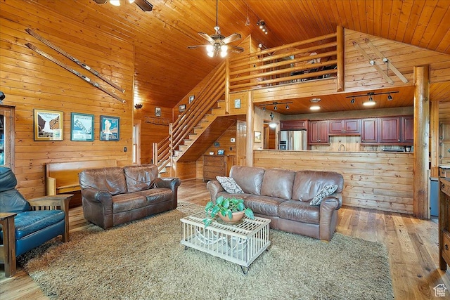 448 S 8600 E, Huntsville, UT 84317 - living room with a ceiling fan, light wood-type flooring, lofted ceiling, wooden ceiling, and stairway