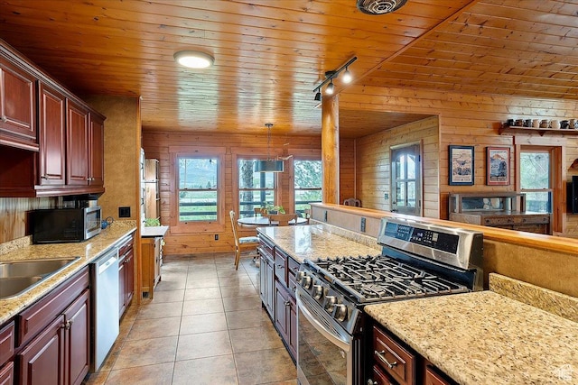 448 S 8600 E, Huntsville, UT 84317 - kitchen featuring stainless steel appliances, wooden ceiling, healthy amount of natural light, light tile patterned flooring, and light stone countertops
