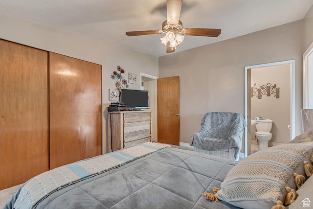 3238 S Maple Way, West Valley City, UT 84119 - bedroom featuring a closet, connected bathroom, and ceiling fan