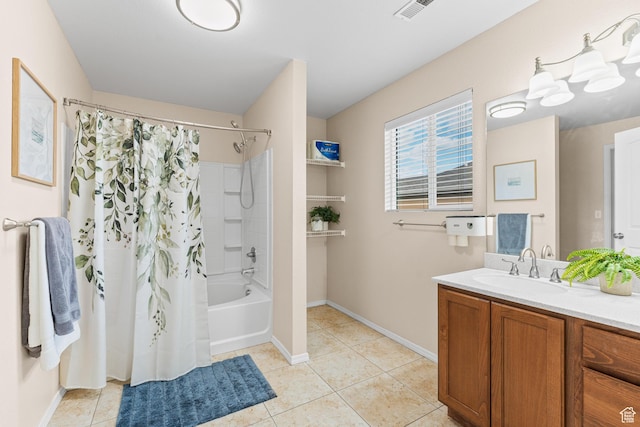 2868 W Willow Sprout Rd S, Lehi, UT 84043 - bathroom featuring tile patterned flooring, vanity, shower / tub combo with curtain, and baseboards