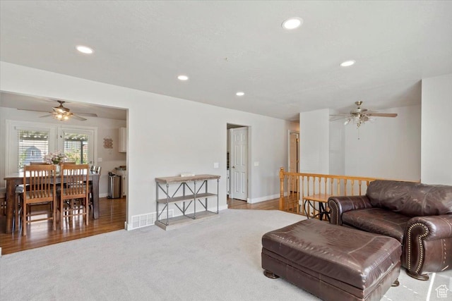 2115 N 600 W, West Bountiful, UT 84087 - living room with a ceiling fan, light carpet, recessed lighting, and baseboards