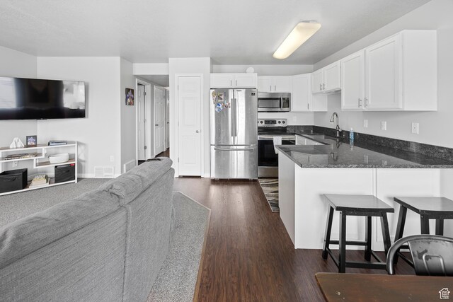 kitchen with appliances with stainless steel finishes, open floor plan, a peninsula, and dark wood-style flooring