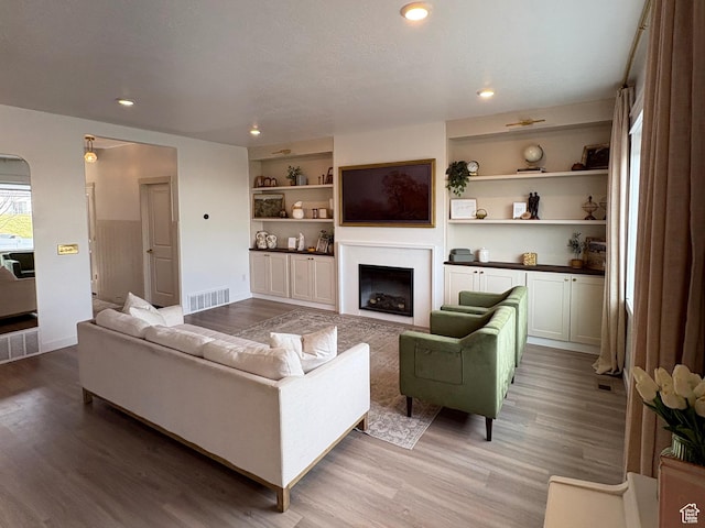 3452 W Pond Dr S, Lehi, UT 84043 - living room featuring light wood-type flooring, a fireplace, built in shelves, recessed lighting, and baseboards