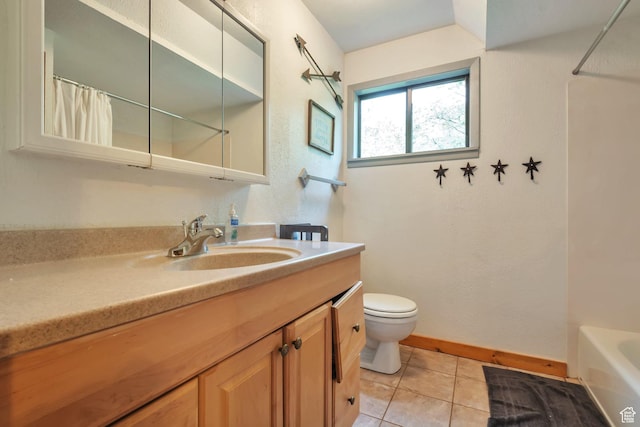 bathroom featuring curtained shower, toilet, tile patterned flooring, and vanity