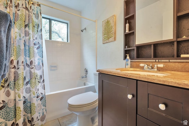 bathroom with toilet, shower / tub combo, vanity, and tile patterned flooring