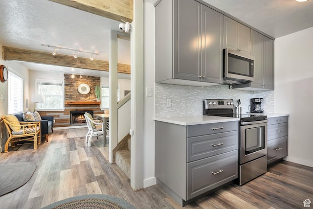 kitchen with gray cabinets, appliances with stainless steel finishes, open floor plan, wood finished floors, and tasteful backsplash