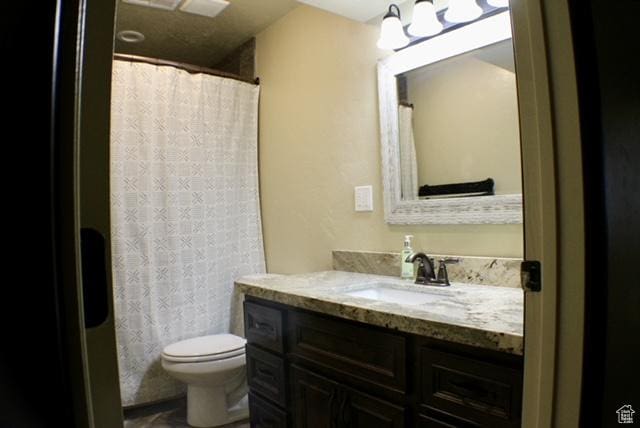 bathroom with toilet, vanity, and a shower with curtain