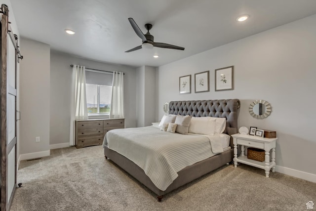 3537 S 5050 W, West Haven, UT 84401 - bedroom featuring a barn door, baseboards, light carpet, recessed lighting, and ceiling fan