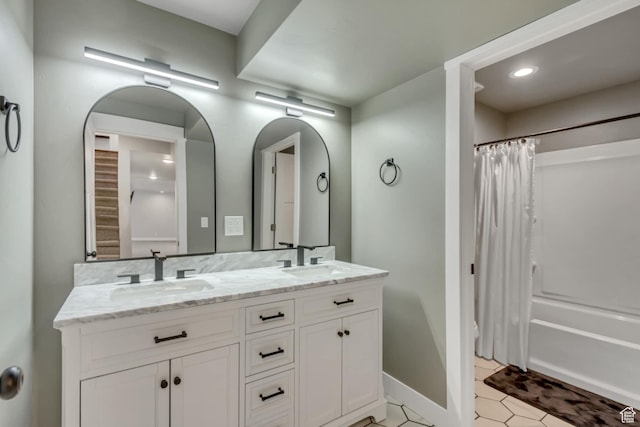 3537 S 5050 W, West Haven, UT 84401 - bathroom with double vanity, shower / bath combination with curtain, baseboards, tile patterned floors, and recessed lighting