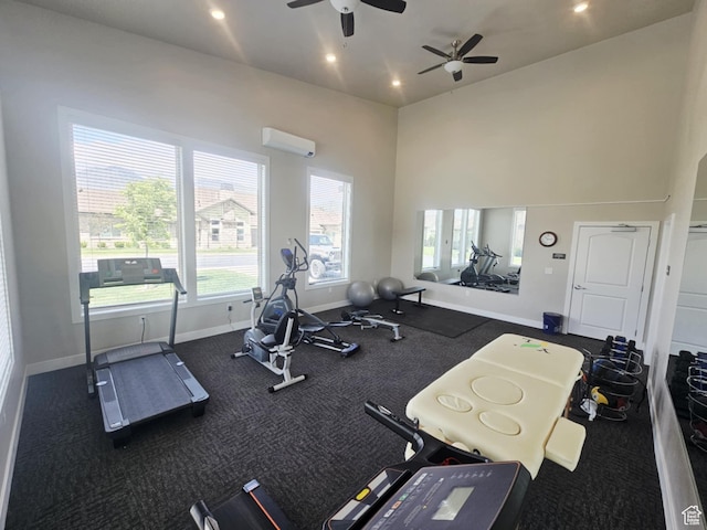 1704 W 300 S Unit Ud/L24, Mapleton, UT 84664 - workout area featuring baseboards, an AC wall unit, ceiling fan, carpet floors, and recessed lighting