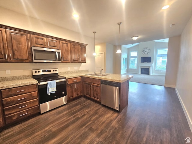 1704 W 300 S Unit Ud/L24, Mapleton, UT 84664 - kitchen with appliances with stainless steel finishes, a sink, dark wood-type flooring, open floor plan, and a fireplace