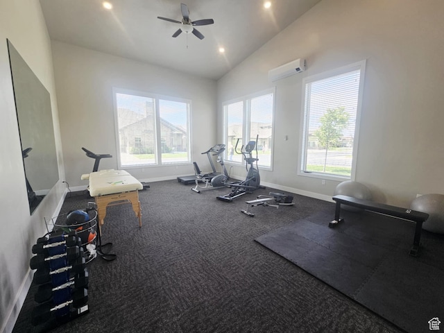 1704 W 300 S Unit Ud/L24, Mapleton, UT 84664 - exercise area featuring a wall mounted AC, baseboards, lofted ceiling, a ceiling fan, and carpet floors
