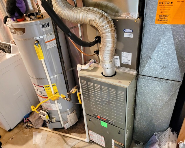 utilities with gas water heater, washer / clothes dryer, and heating unit