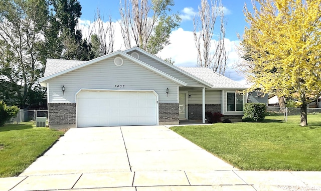 ranch-style home with an attached garage, concrete driveway, brick siding, roof with shingles, and central air condition unit