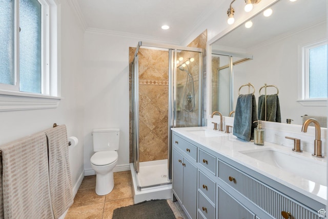 bathroom featuring a shower stall, toilet, crown molding, tile patterned flooring, and double vanity