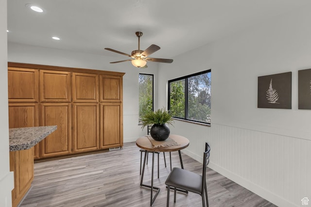 770 W 550 N, Clearfield, UT 84015 - dining space featuring light wood-style flooring, a wainscoted wall, ceiling fan, and recessed lighting