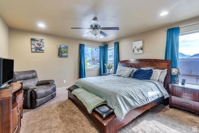 641 W 1450 S, Springville, UT 84663 - bedroom with light carpet, recessed lighting, multiple windows, baseboards, and ceiling fan