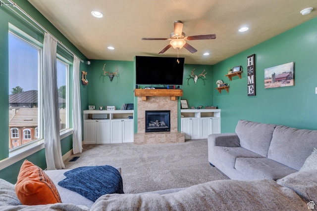 641 W 1450 S, Springville, UT 84663 - carpeted living room with a ceiling fan, a stone fireplace, recessed lighting, and baseboards