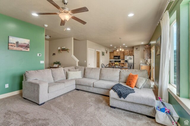 641 W 1450 S, Springville, UT 84663 - living area with recessed lighting, ceiling fan, a chandelier, baseboards, and light carpet