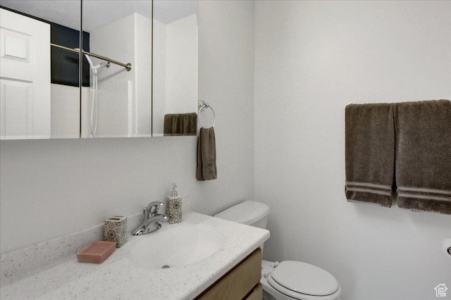 full bath featuring toilet, vanity, and a shower