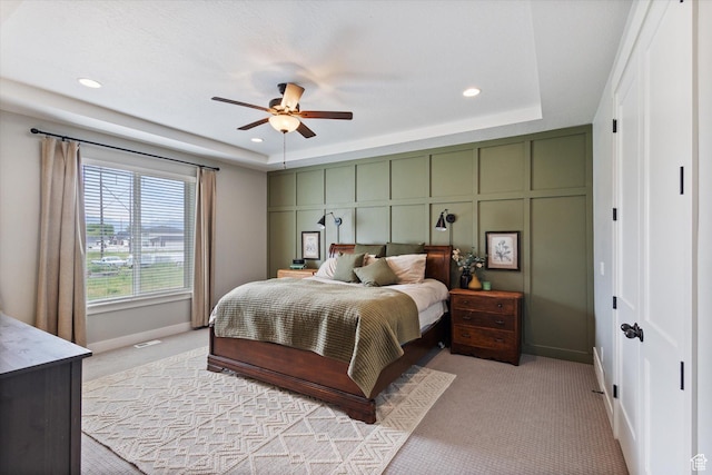 709 W 400 N, Mapleton, UT 84664 - bedroom featuring light colored carpet, a raised ceiling, baseboards, recessed lighting, and a ceiling fan