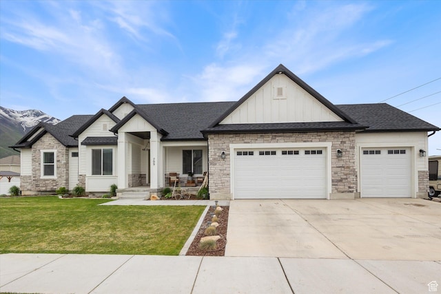709 W 400 N, Mapleton, UT 84664 - modern inspired farmhouse featuring board and batten siding, a garage, concrete driveway, a front lawn, and stone siding