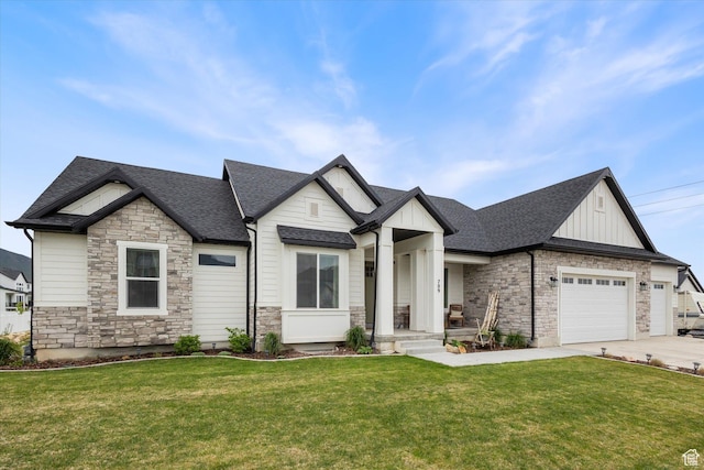 709 W 400 N, Mapleton, UT 84664 - view of front of home with stone siding, board and batten siding, driveway, an attached garage, and a front lawn