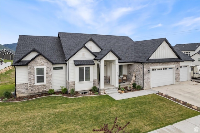 709 W 400 N, Mapleton, UT 84664 - modern farmhouse style home with stone siding, a garage, board and batten siding, concrete driveway, and a shingled roof