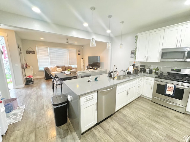 kitchen with appliances with stainless steel finishes, a sink, open floor plan, a peninsula, and plenty of natural light