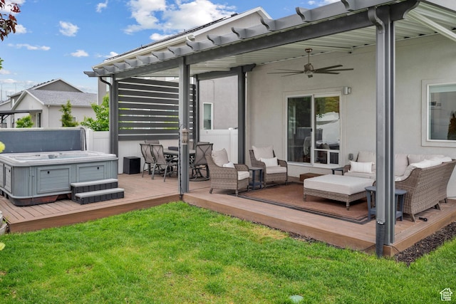 6613 S Ellerston Dr W, Murray, UT 84123 - deck featuring outdoor lounge area, a hot tub, and ceiling fan