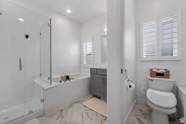 6613 S Ellerston Dr W, Murray, UT 84123 - bathroom featuring marble finish flooring, a shower stall, a bath, toilet, and vanity